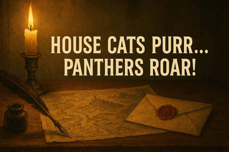 Fantasy illustration of a candlelit writing desk with a map, quill, and sealed letter — tagline reads ‘HOUSE CATS PURR... PANTHERS ROAR!’
